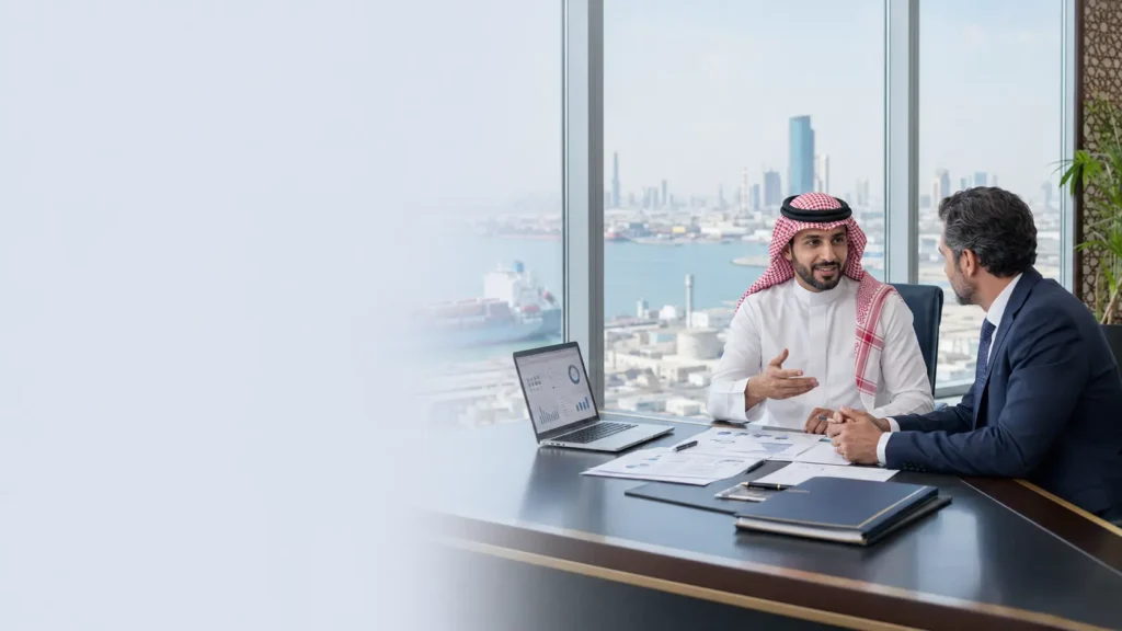 IMBS consultant advising a foreign investor about business setup in Dammam near the Arabian Gulf commercial port