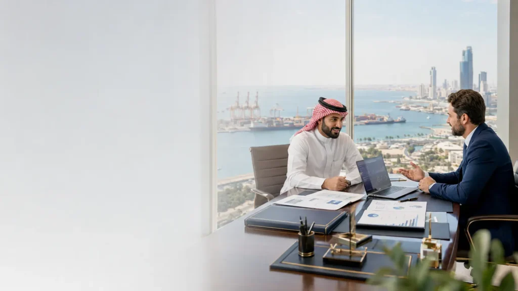 IMBS consultant discussing business setup in Jeddah with a foreign investor overlooking the Red Sea commercial port